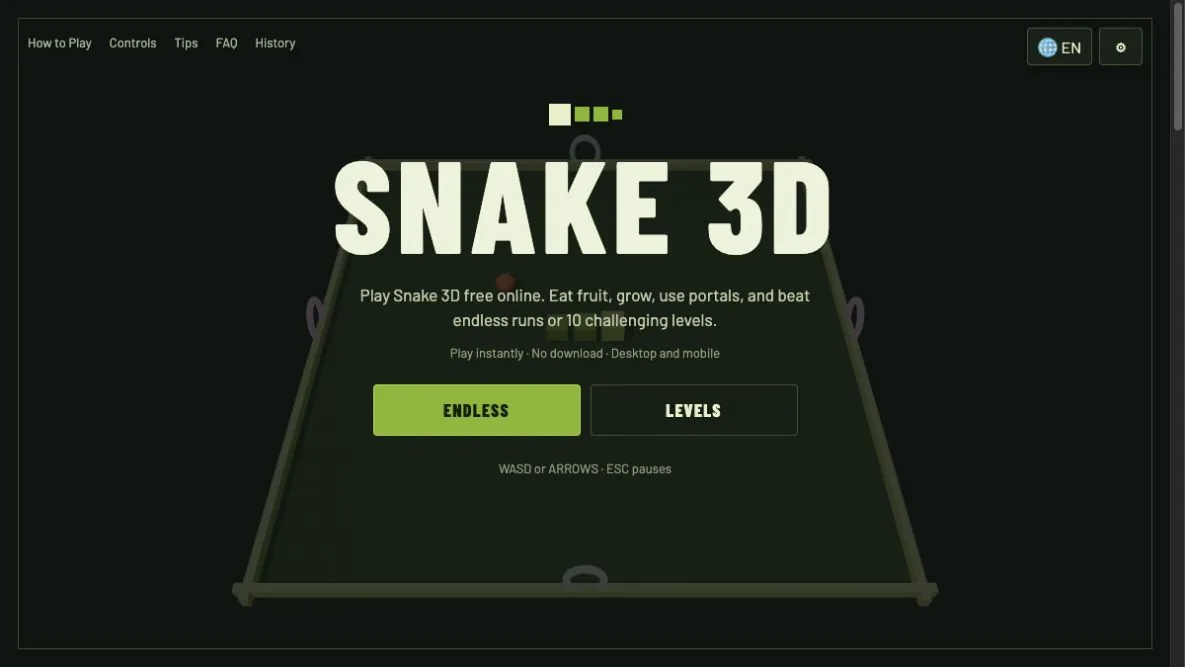 Snake 3D desktop controls with arrow keys and WASD